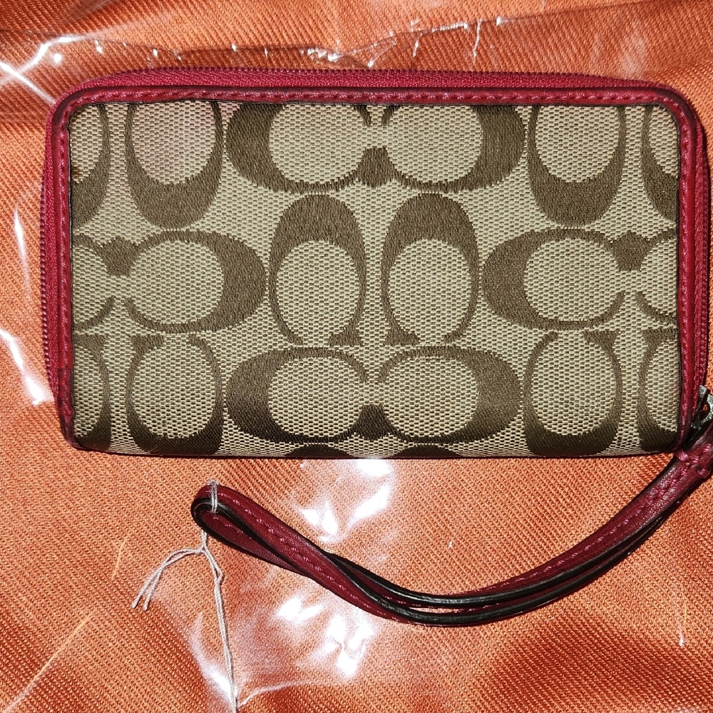 Coach Tan and Red Signature Wristlet - Picture 4 of 7